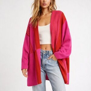 &merci Cardigan Sweater Womens Small Pink Red Colorblock Open Front Longline
